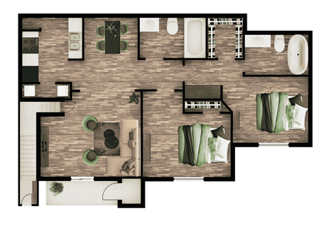 A floor plan of a house with a kitchen, living room, and bathrooms.
